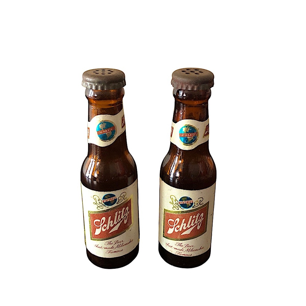 Vintage 90s Salt & Pepper Shakers Miniature Schlitz Milwaukee Beer Bottles